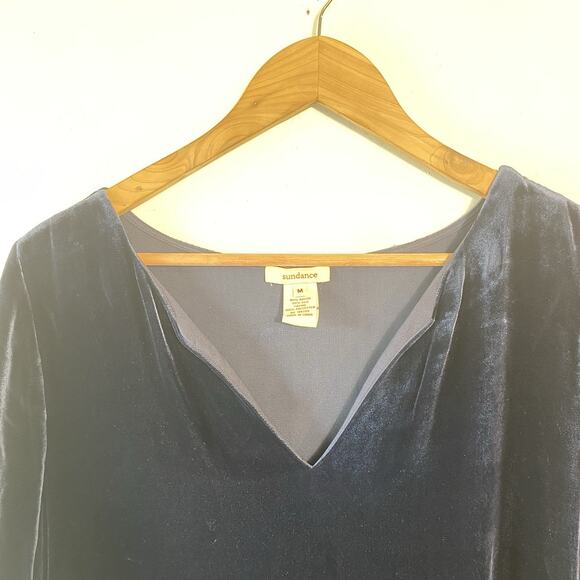 Sundance Velvet Dress M Navy Silk Blend V Neck Stretch Boho Holiday Quiet Luxury - Picture 2 of 6